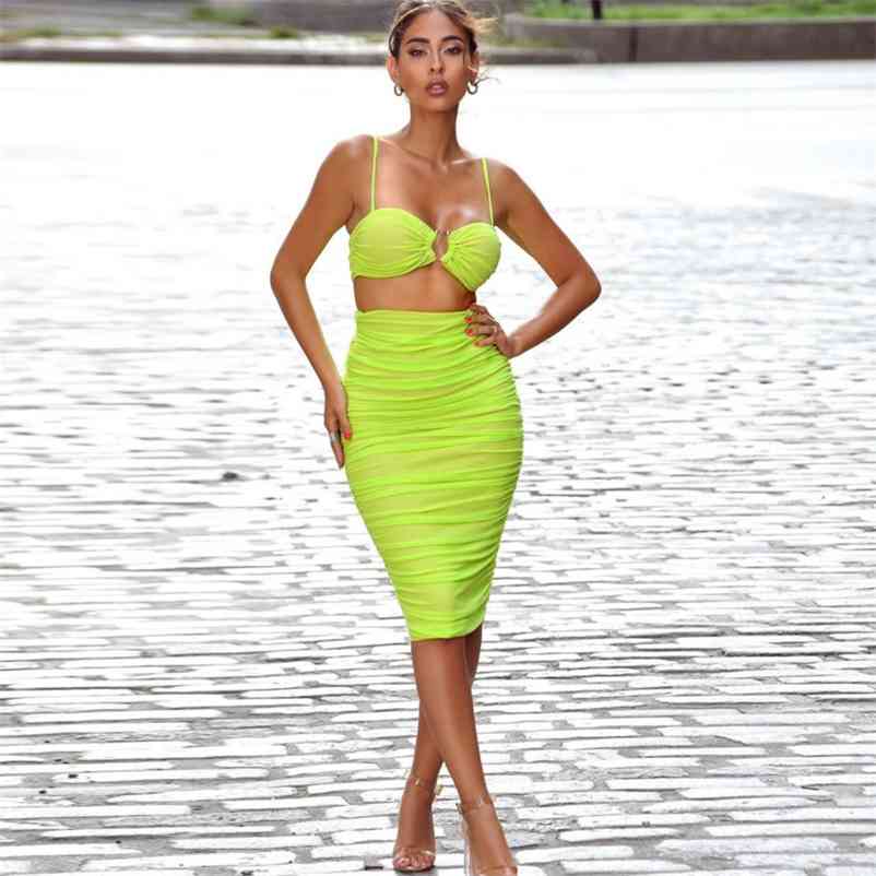 

Women High Elastic Waist Mesh Skirt Strapless Camis Solid Color Two Piece Set Fashion Spring Summer 11B513 210525, Fluorescent green