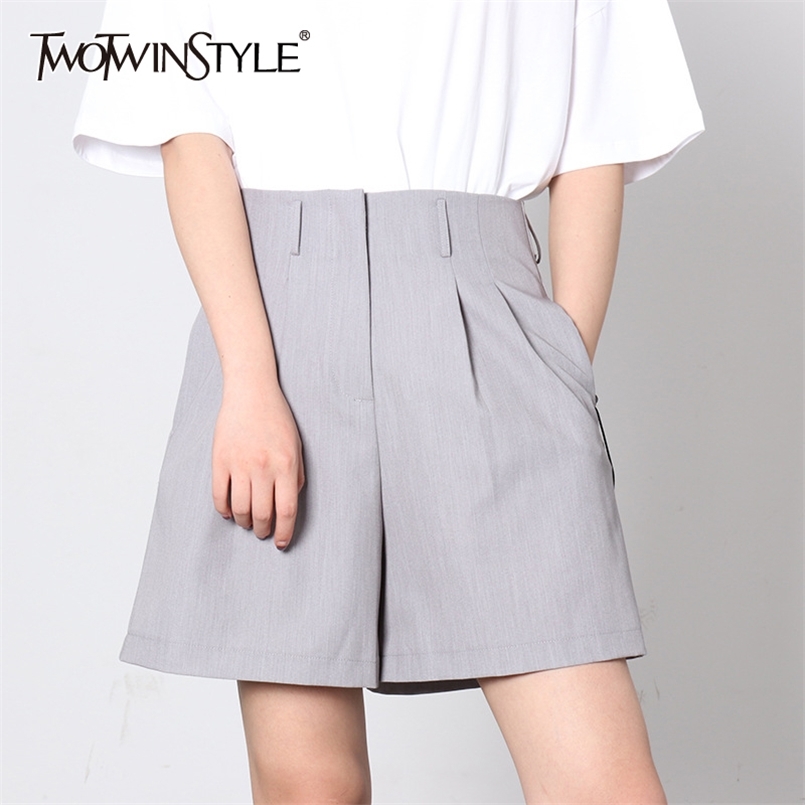 

Casual Summer Short Pants For Women High Waist Pocket Zipper Wide Leg Shorts Female Tied Clothing 210521, Gray