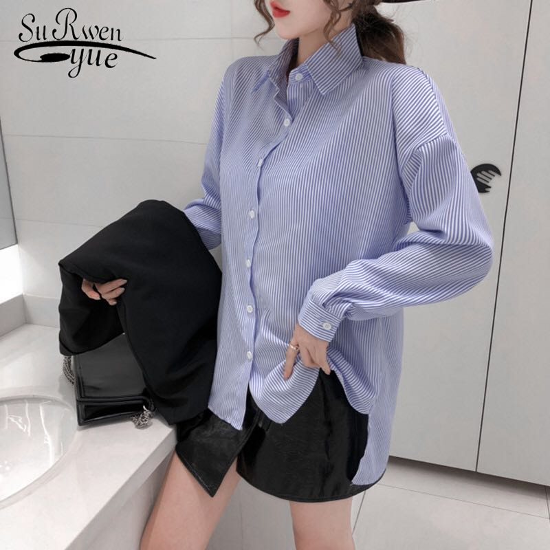

Fashion Striped Shirt Women Casual Long Sleeve Office Lady Loose Tops Elegant Spring Chiffon Blouse Feminina 7982 50 210521, Photo