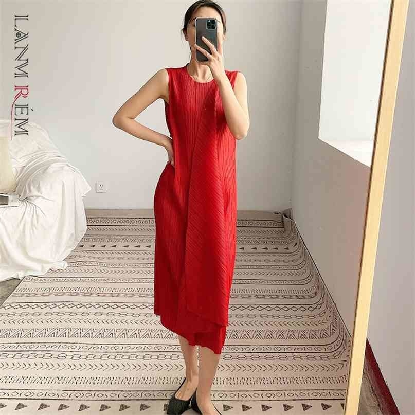 

Women's Dress Pleated Irregular Sleeveless Loose Long Length Temperament Fit Fashion Summer 2H1011 210526, Red