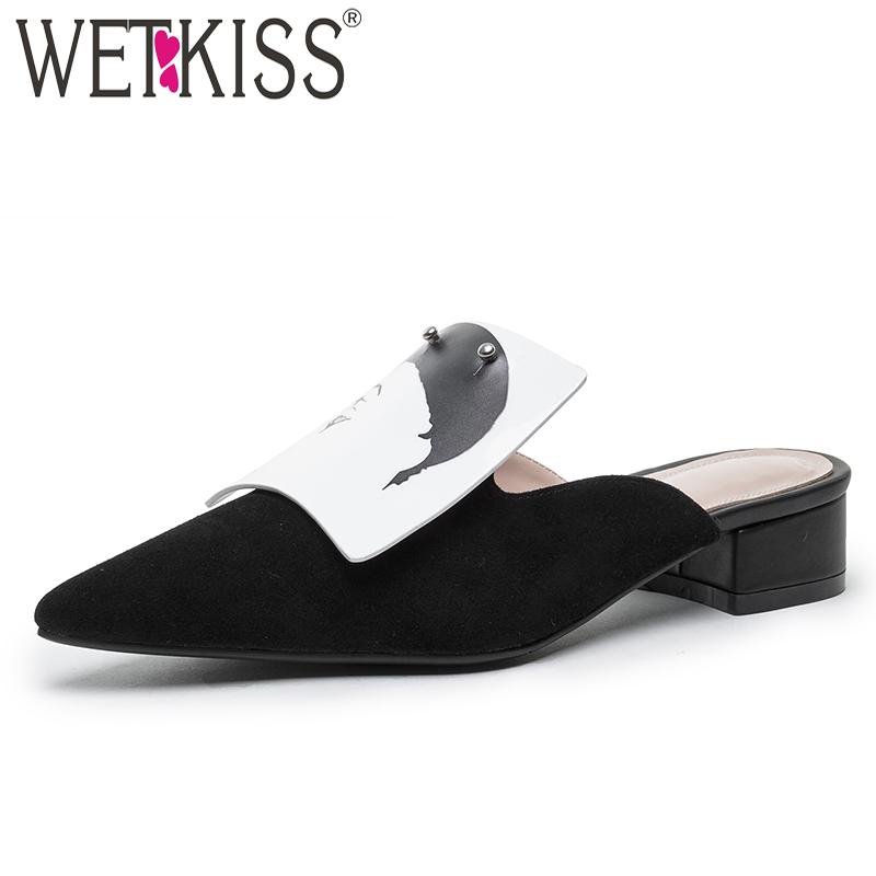 

Slippers WETKISS Thick Med Heels Women Pointed Toe Footwear Kid Suede Slides Shoes Female Print Buckle Mules Woman Summer, Black