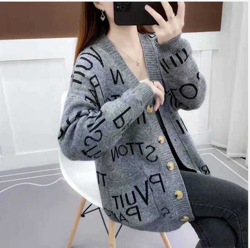 

V-neck contrast cardigan sweater new women's autumn Korean version versatile loose short outer wearing knitted top, Gray