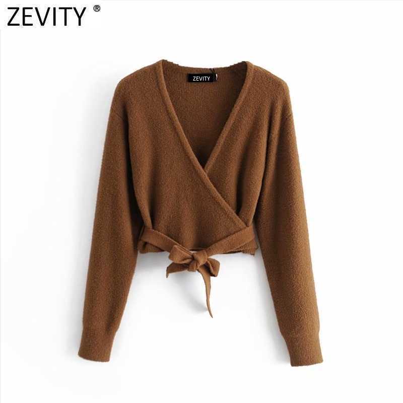 

Zevity Women Fashion Cross V Neck Solid Color Short Knitting Sweater Female Chic Long Sleeve Hem Bow Tied Slim Tops S621 210603, Hh s621h