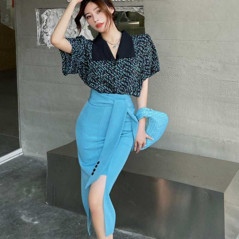 

Summer Fashion 2 Piece Set Floral Print Lapel Short Sleeve Blouse Top + High Waist Lace Up Bodycon Split pencil Skirts Suit 210526, Photo color