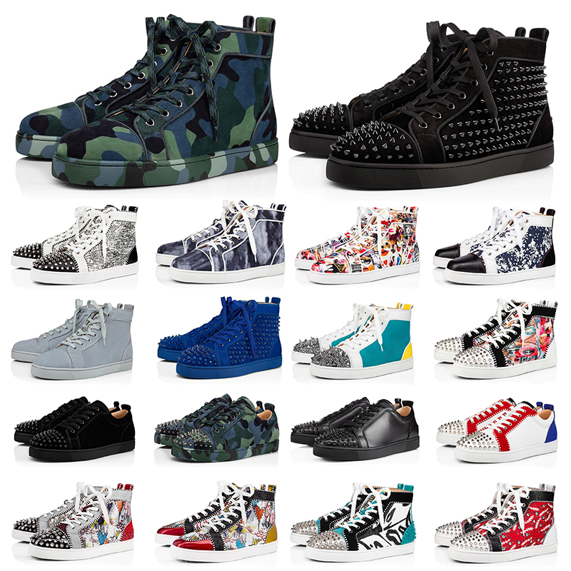 

Designer Shoes Red Bottoms men women sneakers high low top Black White Camo Green Glitter Grey pink leather suede mens fashion spikes casual trainers shoes, #6