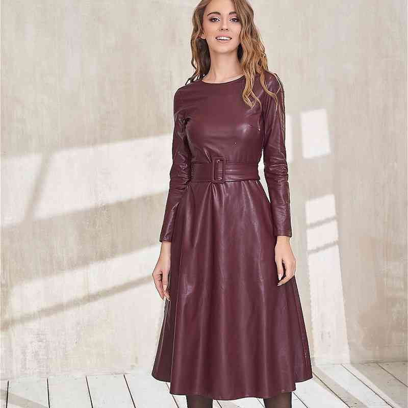 Casual Dresses Fashion Belt Faux Leather Women Long Sleeve Slim Fit PU Dress Sexy Club Wear New Arrival Autumn Winter TF4W-image-704962406