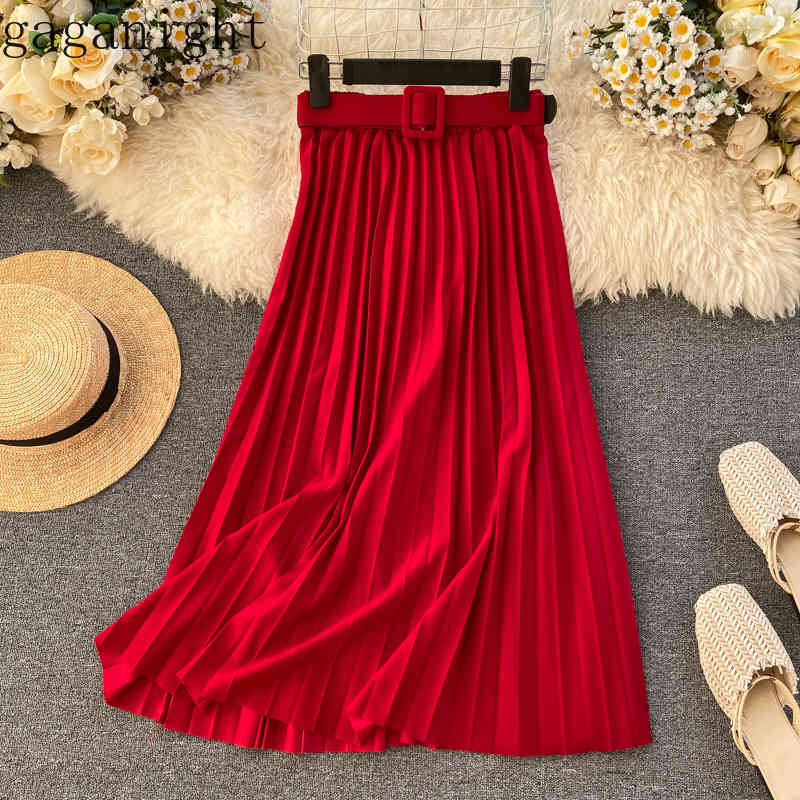 

Gaganight Solid Elegant Pleated Women Midi Skirt Sash Korean Fashion Spring Ladies Skirts A Line High Elastic Waist 210519, Red