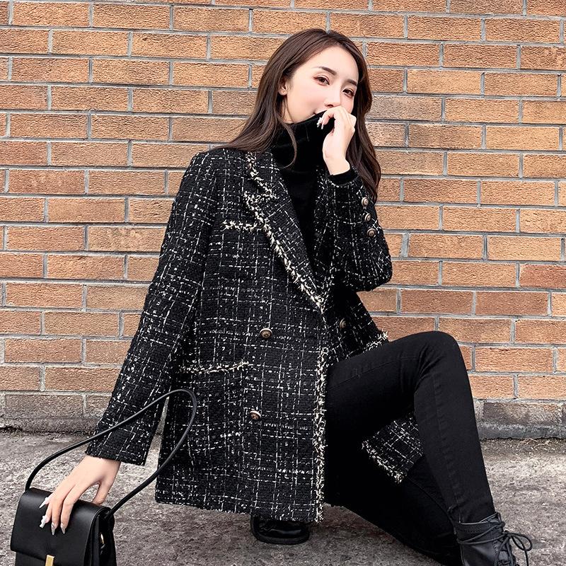 

Women' Suits & Blazers [EWQ] 2021 Autumn Winter Loose Plaid Coat Coarse Tweed Splicing Black Small Blazer Jacket Women Female Tide 16E4886