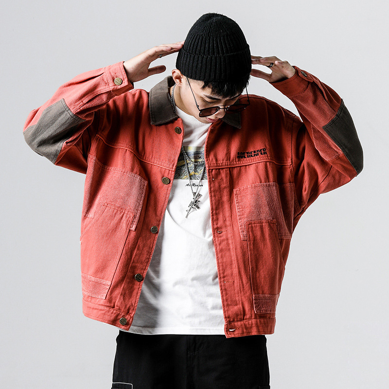 

Men's Jackets European and American Autumn Lapel Color Matching Retro Loose Casual AJ052 H5RD, Red