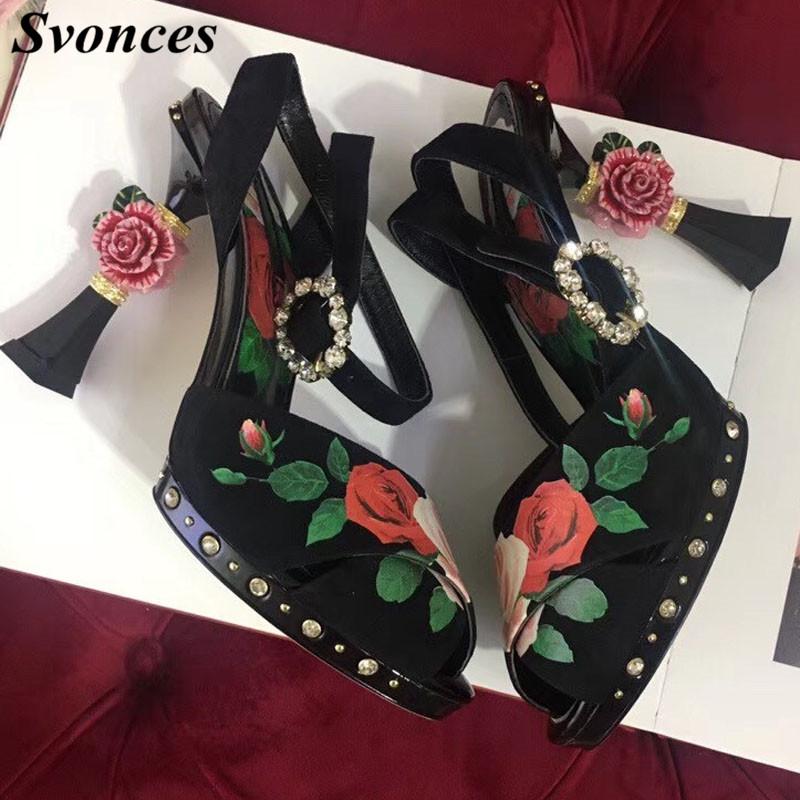 

Sandalias Mujer 2021 Luxury 3D Flower Heel Platform Sandals Rhinstones Stiletto High Heels Black Floral Party Shoes Woman Size42
