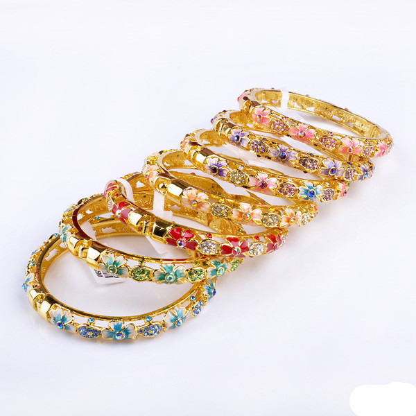 

7 Choices Chinese Women's Fashion Cloisonne Bracelet Hollow Double Crystal Flowers Bangles Gift Q0720