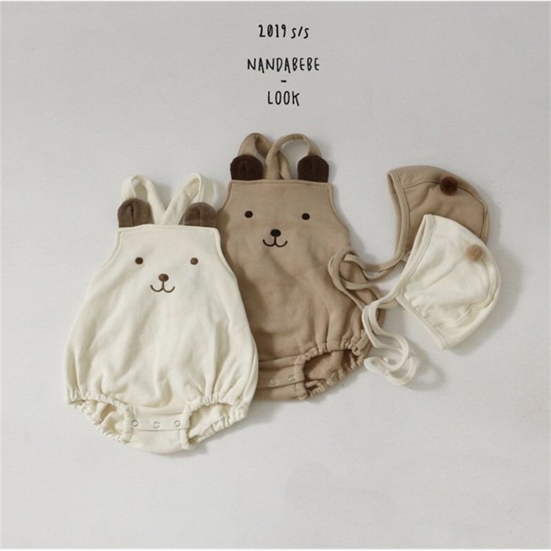 

Korean style cute bear embroidery Suspenders bodysuits with hat for infant kids cotton overalls jumpsuits 210708, Pink