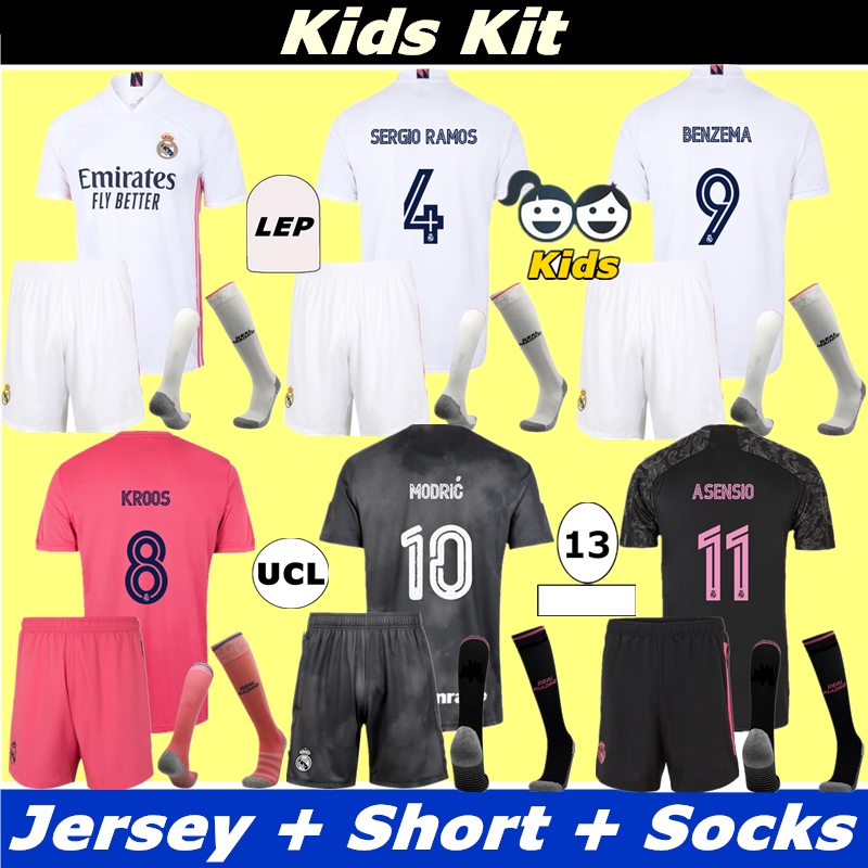 

SERGIO RAMOS HAZARD BENZEMA Real Madrid 20 21 Soccer Sets 2021 ASENSIO MODRIC MARCELO football top shirt kids kit, Black