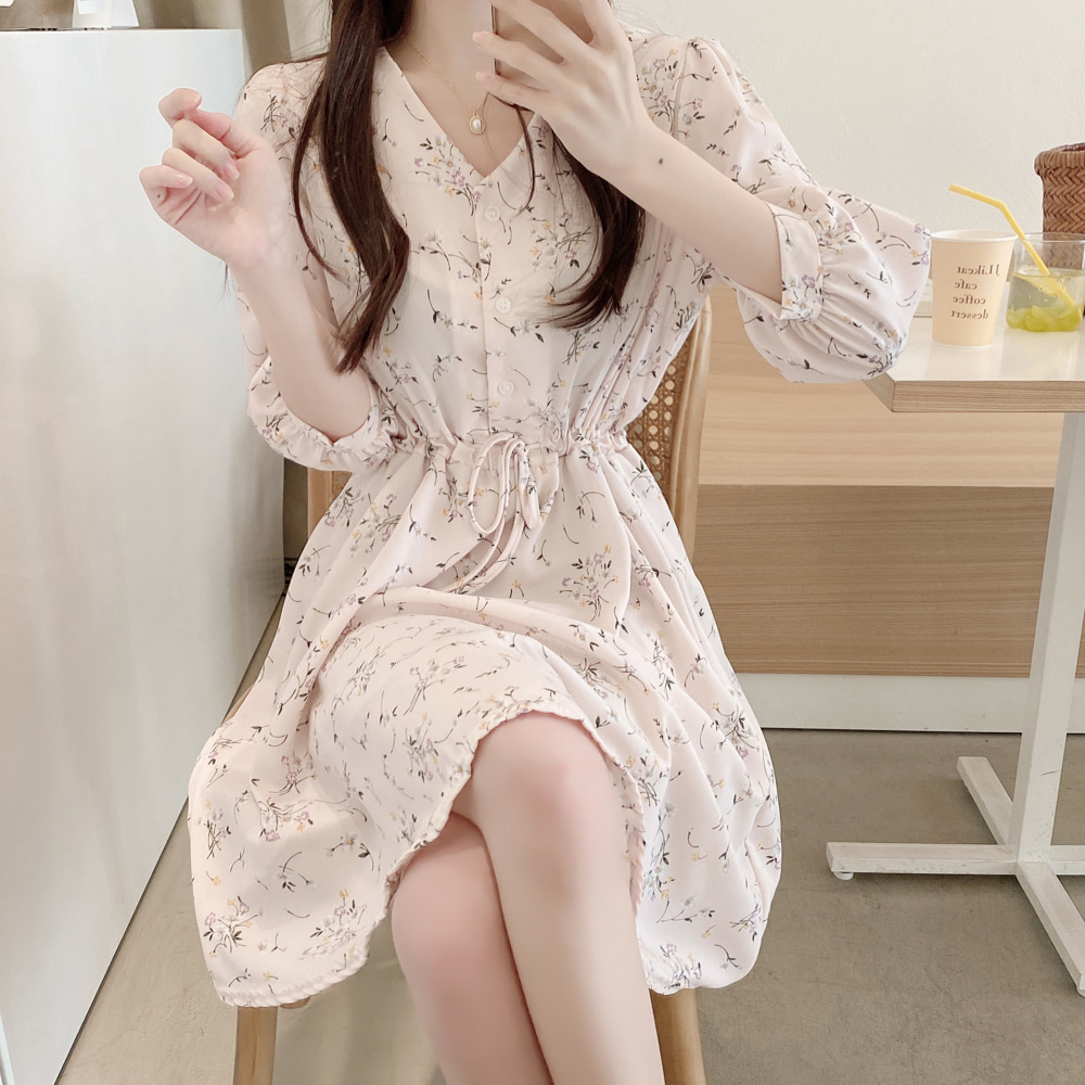 

Plus Size v neck New Summer Dress Girls Boho Party Chiffon Female Vintage Dress Print long Sleeve Women Dresses Robe Vestido, Beige