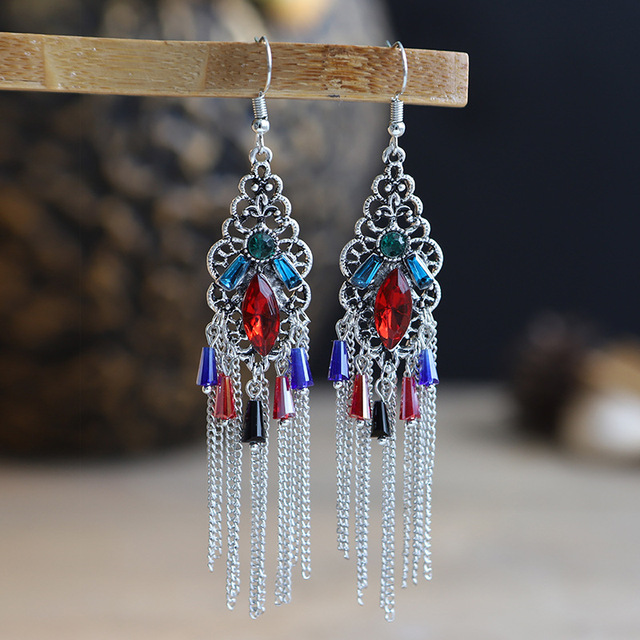 

Ethnic Women's Flower Alloy Long Chain Tassel Ladies Earrings Bohemia Corful Crystal Dangle Earrings Jhumka