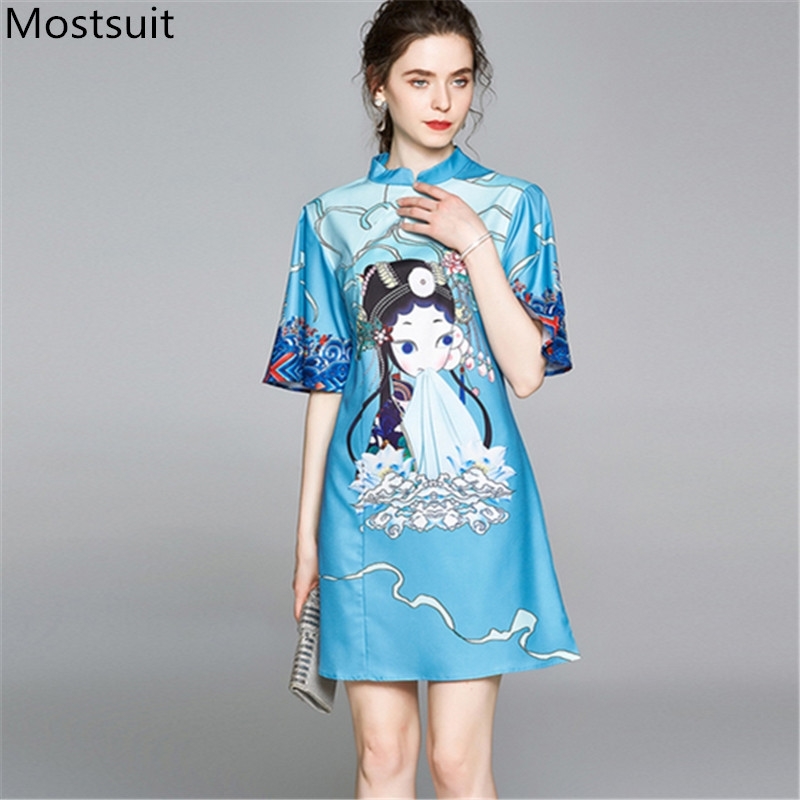 

Runway Vintage Printed Mini Dress Women Short Sleeve Stand Collar A-line Dresses Fashion Sweet Female Vestidos Summer 210518, Blue