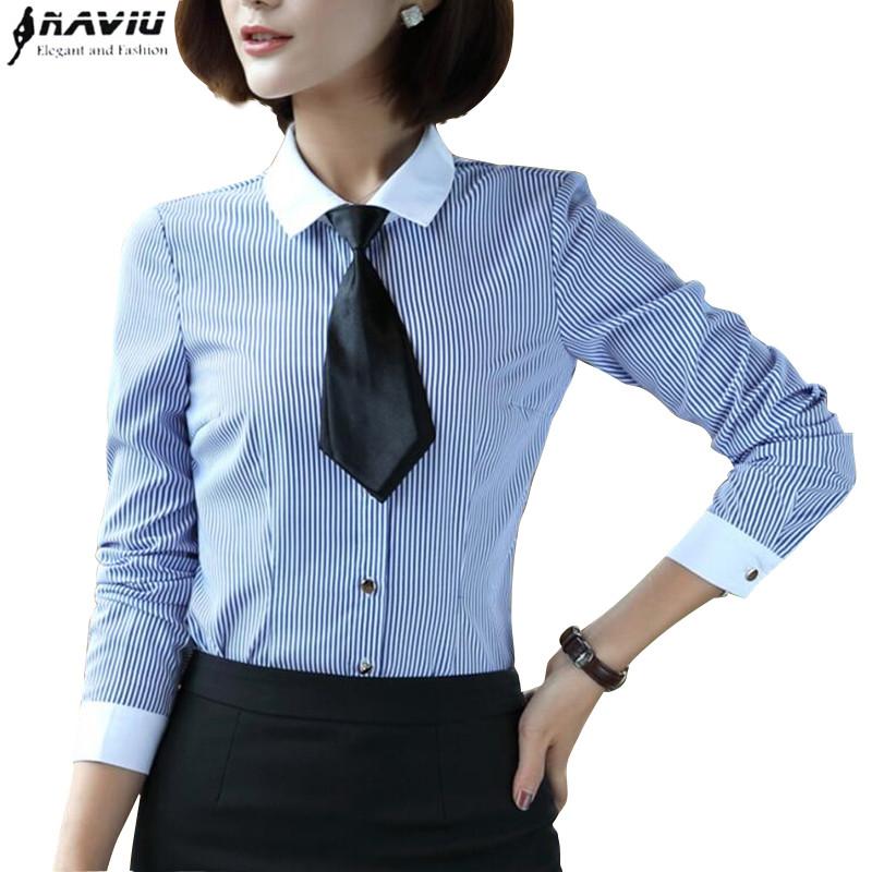 

Women' Blouses & Shirts Spring Fashion Long Sleeve Cotton Women Blouse Elegant Formal Blue Stripe Tie Slim Shirt Office Ladies Work Wear Pl, Blue stripe no tie