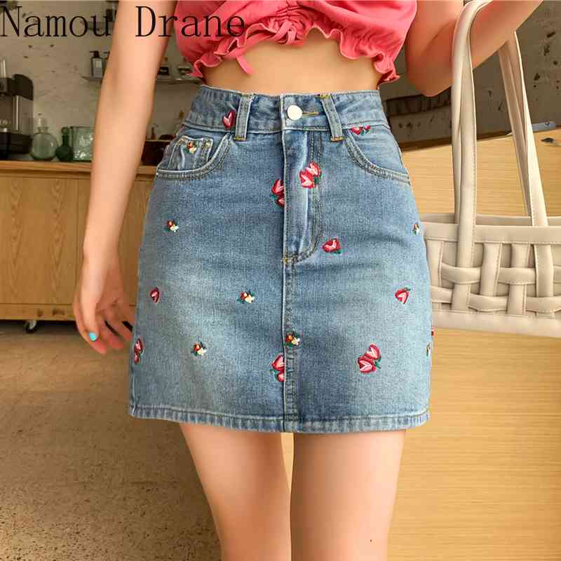 

Korean Women Skirts Flower Embroidered Floral Vintage Blue Denim High Waist A- Line Short Skirt Goth Fashion 210429, Burgundy