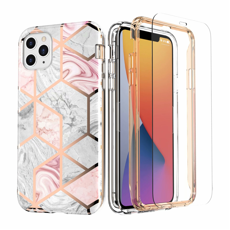 

For Iphone 12 11 XS XR XSMax 7 8 Plus Cases Luxury Marble Cell Phone Case 2 in1 Shockproof Full Body Protection Cover with Tempered glass protective film, Mixed colors