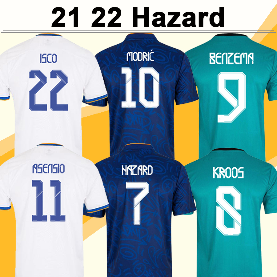 

21 22 HAZARD BENZEMA Mens Soccer Jerseys MODRIC MARIANO KROOS ISCO ASENSIO CARVAJAL MARCELO Home White Away 3rd Football Shirts, Qm3396 2122 home no patch