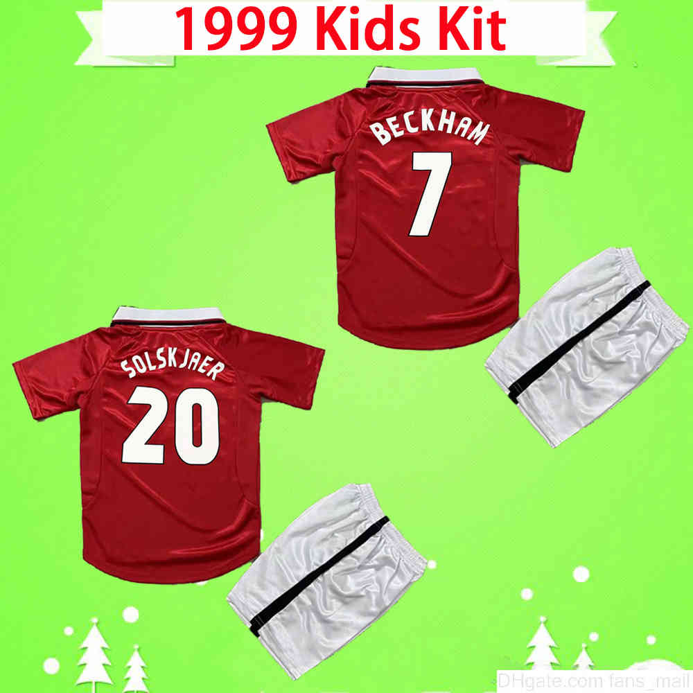 

Kids kit Manchester BECKHAM GIGGS SOLSKJAER final 1999 2000 RETRO soccer jersey child MAN UTD 99 00 Vintage Classic boys football shirt uniform, Black;yellow