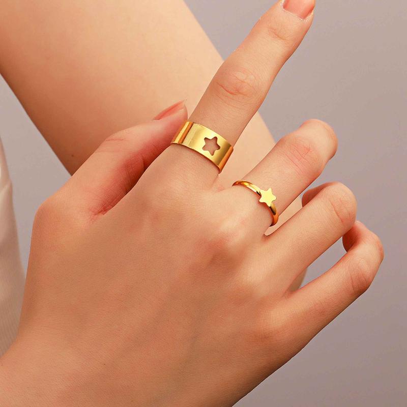 

Wedding Rings Gold Silver Color Couples Set For Women Opening Adjustable Star Moon Heart Ring Men Ins Fashion Jewelry Gifts QW013, Slivery;golden