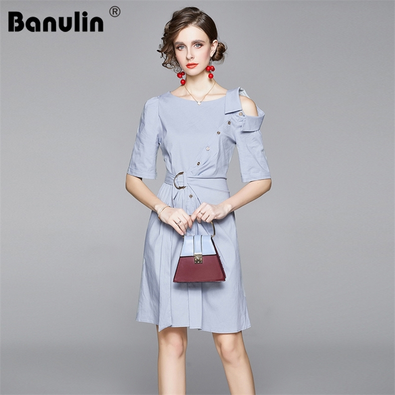 

Summer Runway Designer Blue Shirt Dress Women's Half Sleeve Single Breasted Solid Office Work Wear Short with Belt 210603