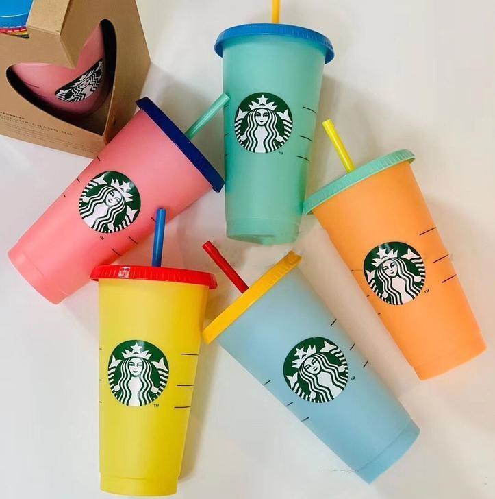 

Plastic Starbucks Cup 24OZ Color Changing Tumblers Cold Drinking Juice Mugs Cups With Lip And Straw Magic Coffee Mug Customized Tumbler