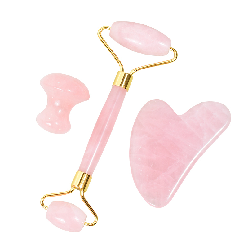 Rose Quartz Guasha Massager Natural Stone Facial Roller Massage Tool Set SPA Acupuncture Scraping Crystal Body Face Health Care-image-692178263