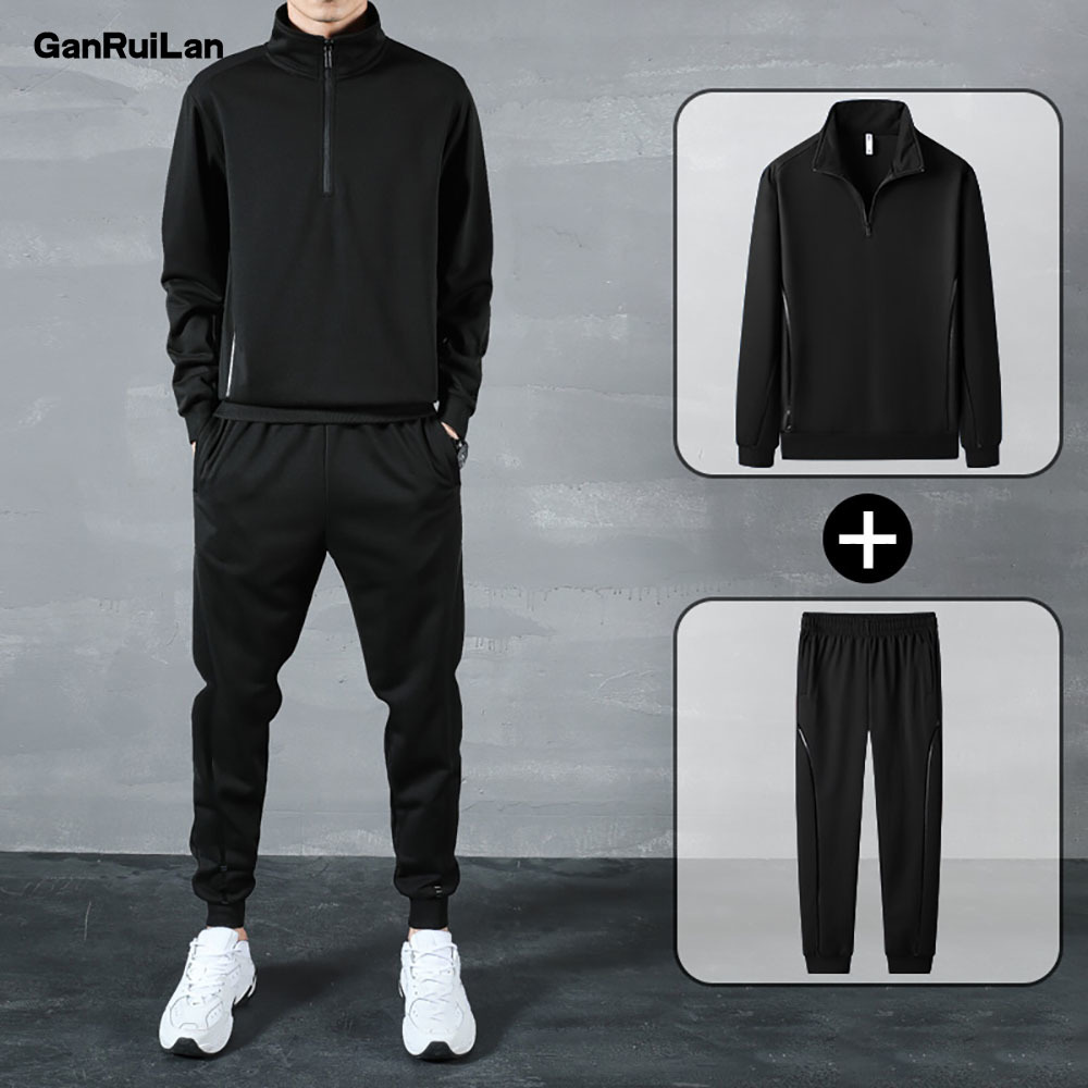 

Tracksuits Men Polyester Sweatshirt Sporting Spring Jacket + Pants Casual Men's Track Suit Sportswear Fitness Clothing 210518, Black color