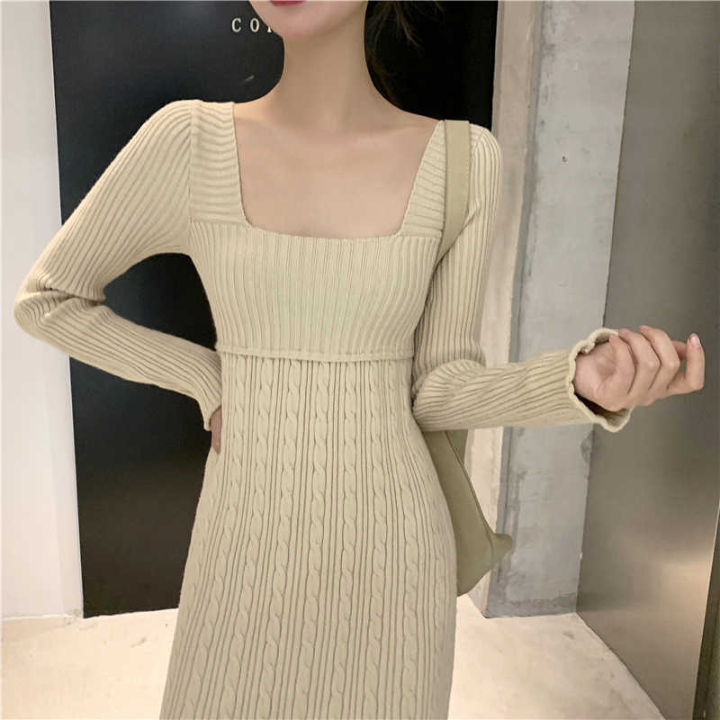 

Casual Sweater Dres Midi Long Sleeve Vintage Knitted Female Autumn Office Lady Elegant Winter Korean 210604, Black dress