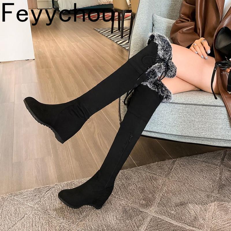 

Boots Women's Autumn Winter Warm Fur Motorcycle Height Increasing Plush Knee-high Round Toe Snow 2021 Sexy Fashion, Black