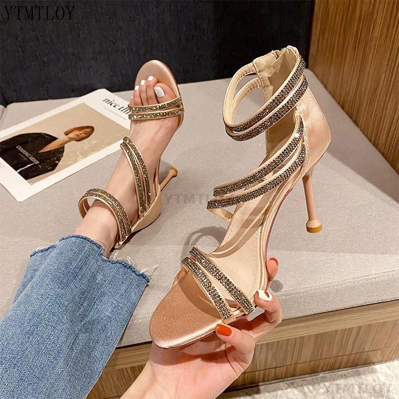 

Gold Bling Crystal Sexy Women Sandals Open Toe Rhinestone Straps Cross High Heel Wedding Dress Shoes Sandalia Feminina, Black