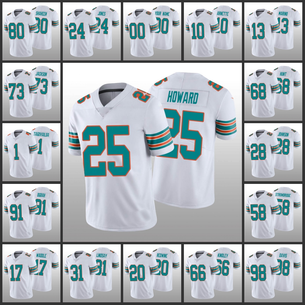 

Miami''Dolphins''Men #13 Dan Marino 1 Tua Tagovailoa 17 Jaylen Waddle 25 Xavien Howard Women Youth Custom White Vapor Limited Jersey