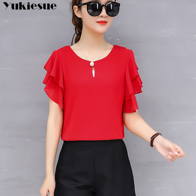 

short sleeve chiffon bloues shirt femme women blusas summer camisas mujer womens blouses and tops ladies clothes plus size 210518, Red