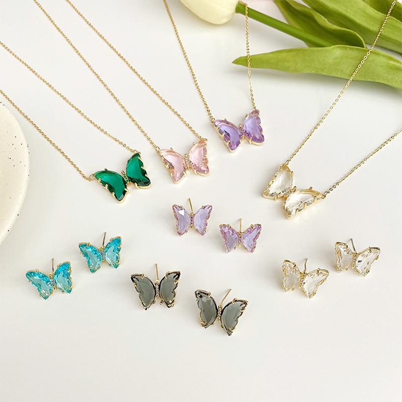 

Earrings & Necklace Uer 2021 Exquisite Multicolor Glass Butterfly Fashion Jewelry For Women Gold Color Brass Insect Stud Rings, Silver