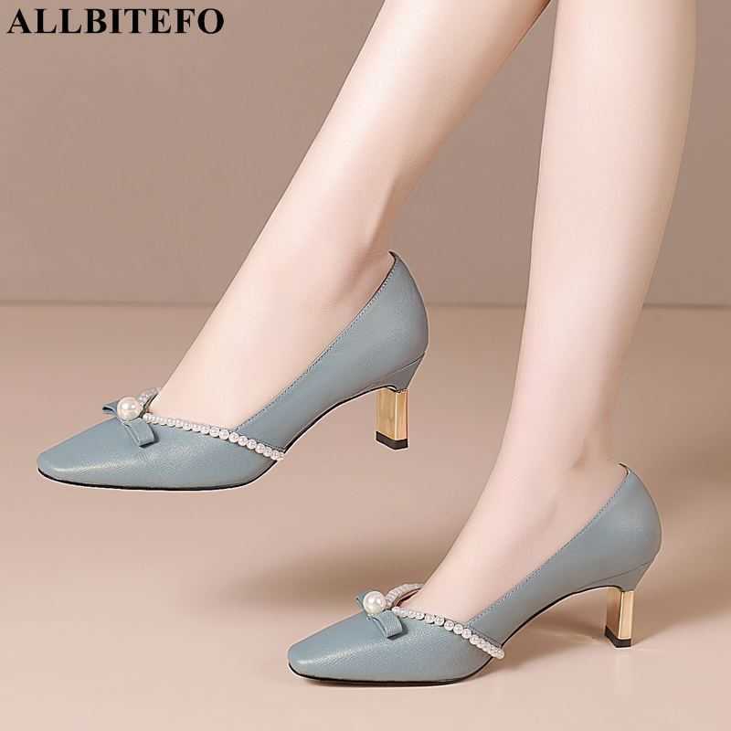 

ALLBITEFO sweet Pearl genuine leather bowtie high heels wedding women shoes women high heels shoes high heel shoes size:33-43 210611, As picture