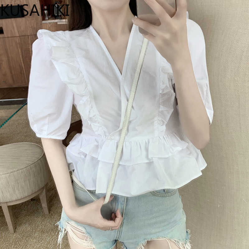 

KUSAHIKI Spring Korean Blouse Tops Sweet Ruffle Slim Waist Women Shirts Causal Puff Short Sleeve V-neck Blusas 6F545 210602, White