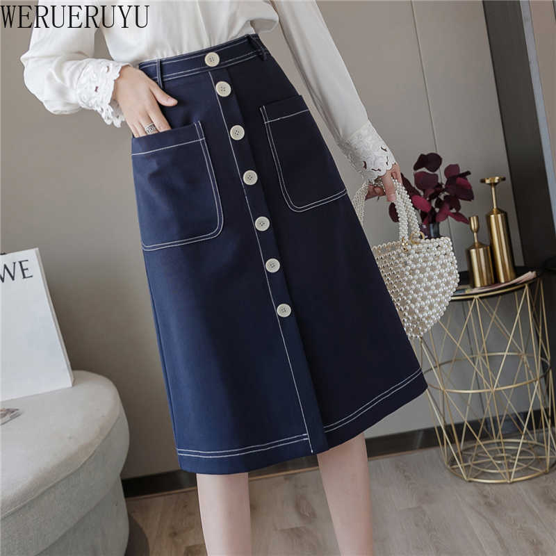 

WERUERUYU Spring Summer Fashion Solid Aline Women Skirt Causal High Waist Single-breasted Female Skirt 210608, Photo color