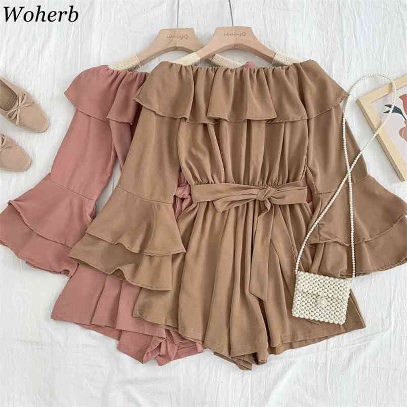 

Bodysuit Womens Slash Neck Flare Sleeve Rompers Bandage Pleated Ruffle Jumpsuit Temperament Off Shoulder Ropa Mujer 4i455 210519, White