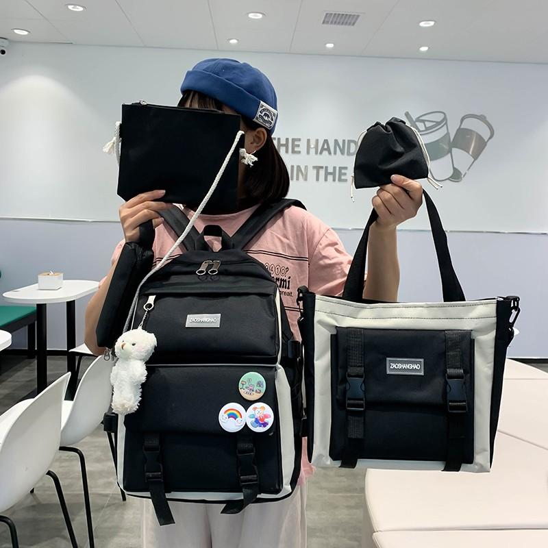 

School Bags 5-piece Set Of Japanese Cute Women Backpack Canvas Large-capacity Student One-shoulder Leisure Light Travel