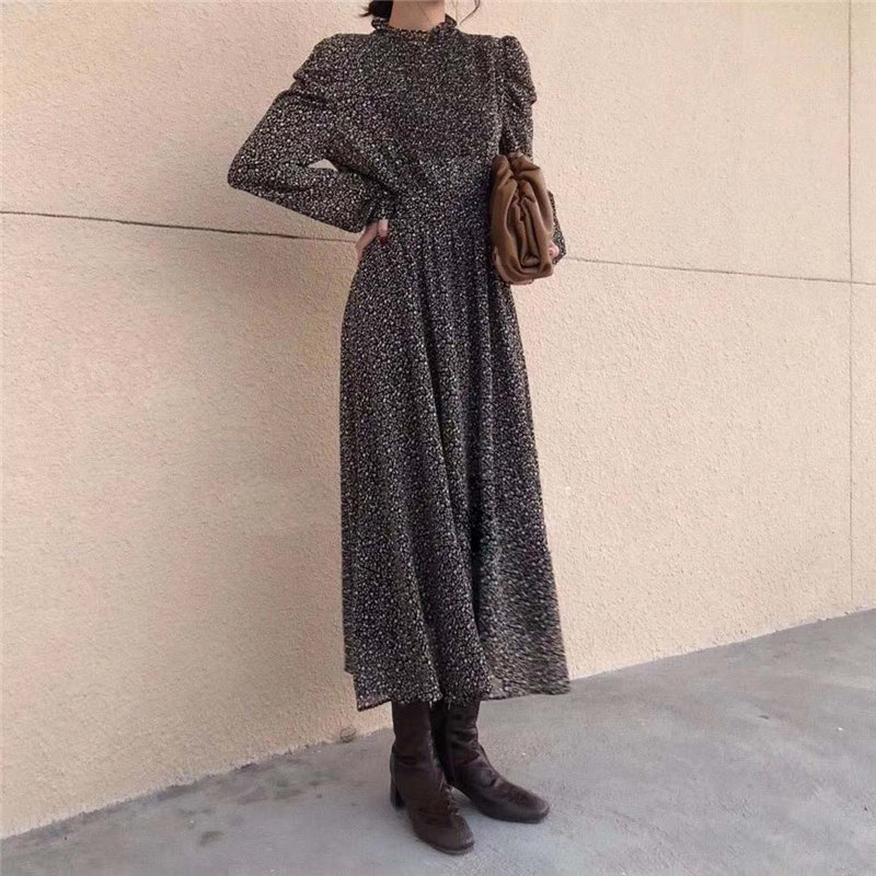 

2021hzirip style retro chic 2021 office lady elegant print a-line floral gentle full-sleeved waist-controlled long dresses, Black;gray