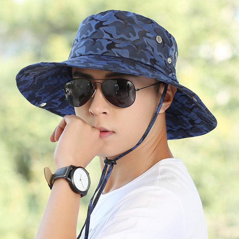 

bucket hat Outdoor fishing cap men's summer sun anti ultraviolet fisherman's sunscreen camouflage mountaineering, Blue