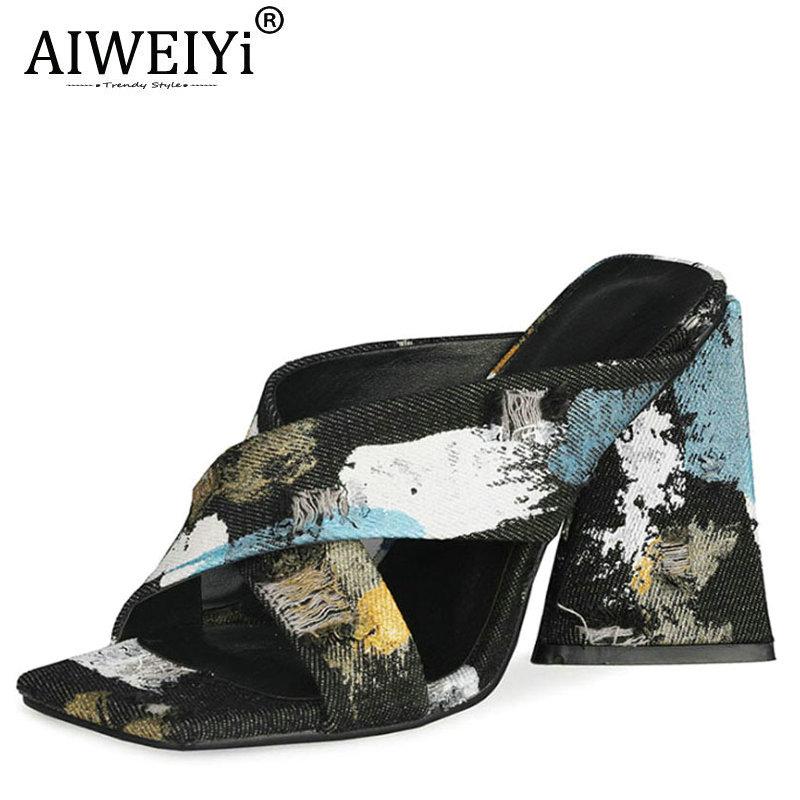 

Slippers AIWEIYi Denim Woman Slipper Sandals Designer Slip On Mules Shoes Strange High Heels Square Head Casual Slides Flip Flops, Black