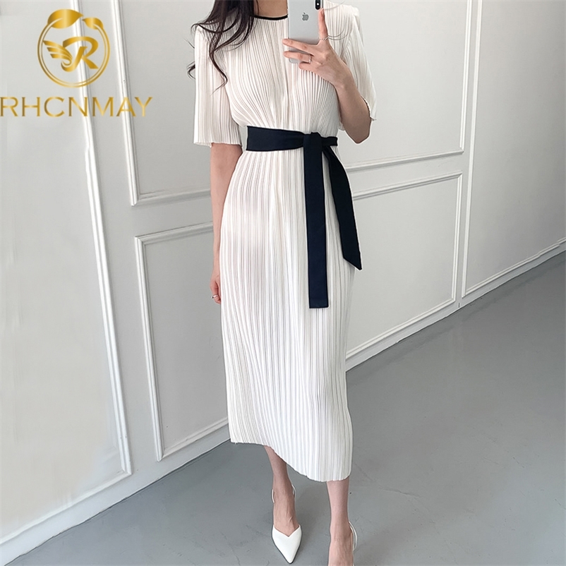 Korean Chic Women Dress Office Ladies Casual Pleated Short Sleeve Dresses Bandage Lacing Bow OL Vestidos Femme Elegante 210331Z