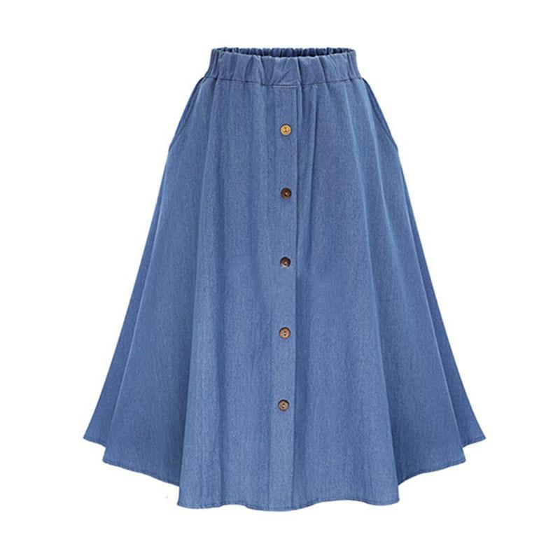 

Skirts Loose Denim Spring Autumn Casual Dark Light Blue Elastic Waist Button Knee-Length Pleated Skirt For Women Free, Dark blue skirt