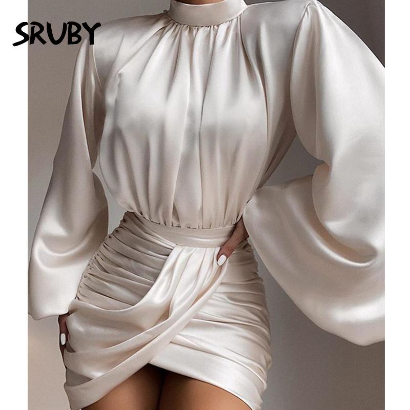 

Casual Dresses White Dress Party Short Puff Mango Single Sheath Mini Zipper Ladies Nightclub Wear Long Sleeve INS Style 2021