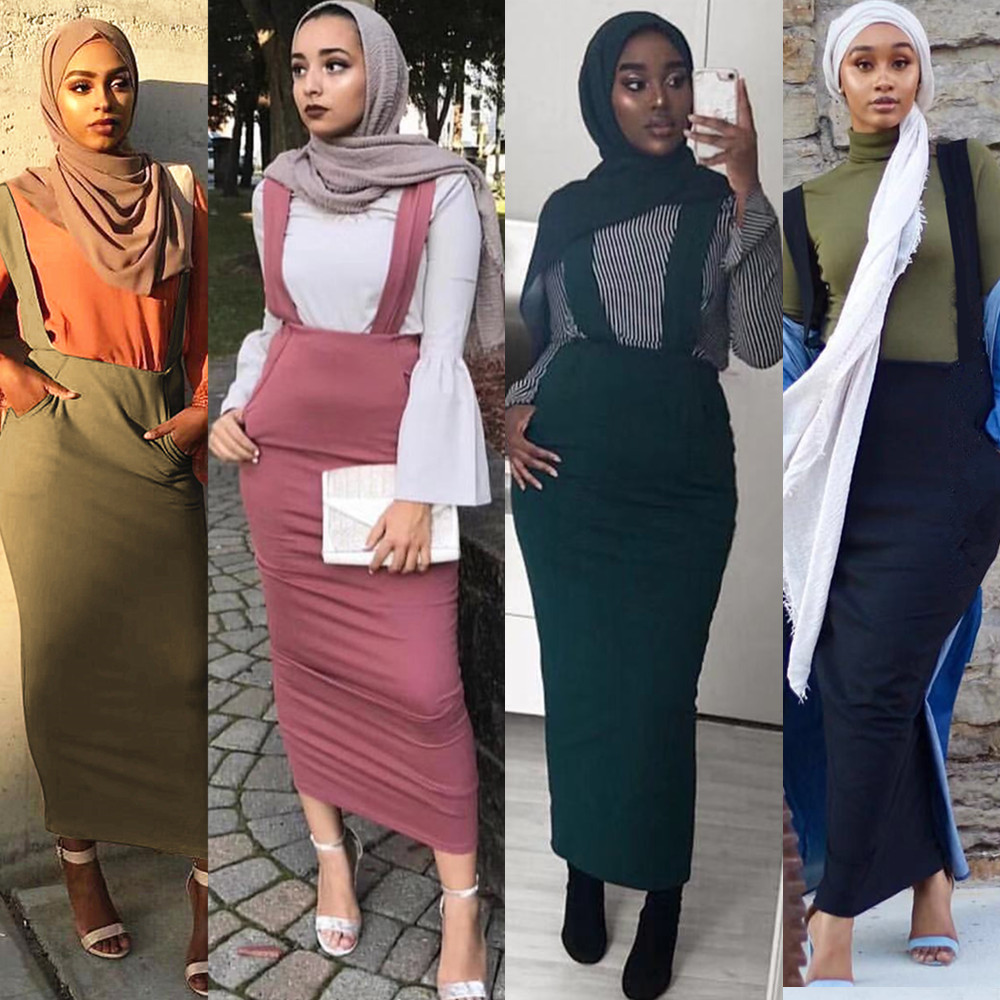 

Muslim Overall Pencil Skirt Women Two Shoulder Straps Maxi Long Skirts Islam High Waist Bodycon Slim Bottom Islamic Clothing