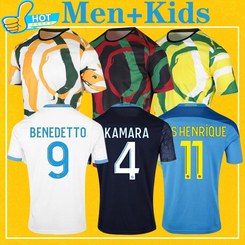 

menMaillot OM AFRICA Soccer Jerseys 2021 PAYET BENEDETTO THAUVIN 20 21 Football Shirt Men + Kids Kit, Black;yellow