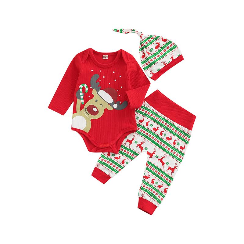 

Clothing Sets 2021 Christmas Born Baby Boy Girl Long Sleeve Deer Print Cotton Bodysuit Tops Pant Hat 3PCS Xmas Set, As pic